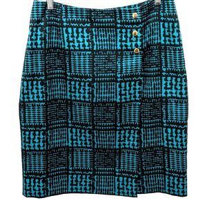 Carlisle Skirt 8 Turquoise Black Abstract Plaid  Cotton Lined Dark Academia Prep